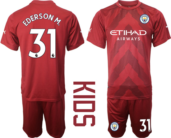 Youth 2022-2023 Manchester City 31 EDERSON M. jujube red goalkeeper kids jerseys Suit