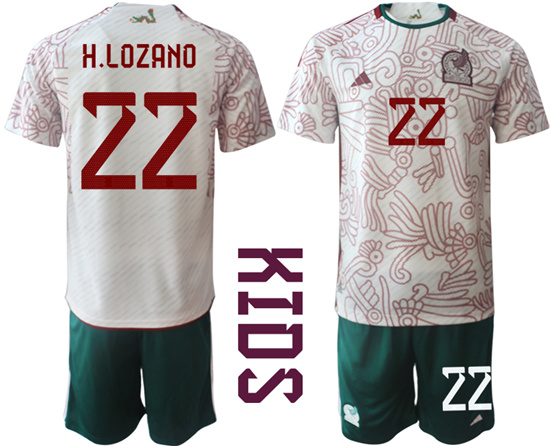 Youth 2022-2023 Mexico 22 H.LOZANO away kids jerseys Suit