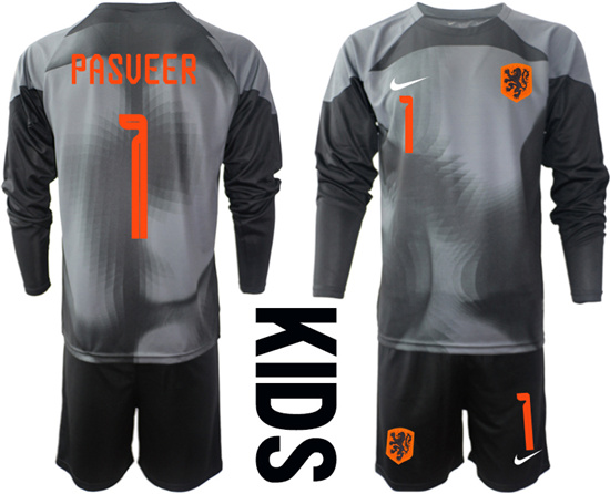 Youth 2022-2023 Netherlands 1 PASVEER black goalkeeper long sleeve kids jerseys Suit