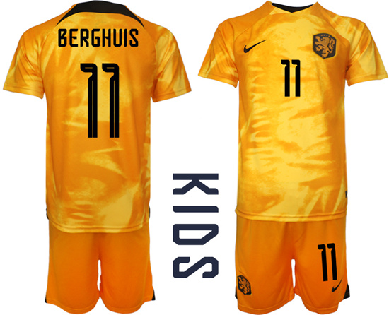 Youth 2022-2023 Netherlands 11 BERGHUIS home kids jerseys Suit