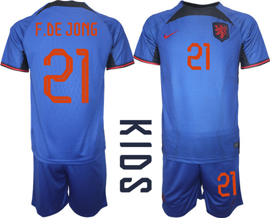 Youth 2022-2023 Netherlands 21 F.DE JONG away kids jerseys Suit