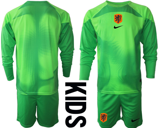 Youth 2022-2023 Netherlands Blank green goalkeeper long sleeve kids jerseys Suit
