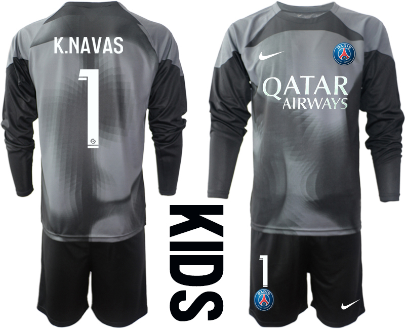 Youth 2022-2023 Paris Saint-Germain 1 K.NAVAS Black goalkeeper long sleeve kids jerseys Suit