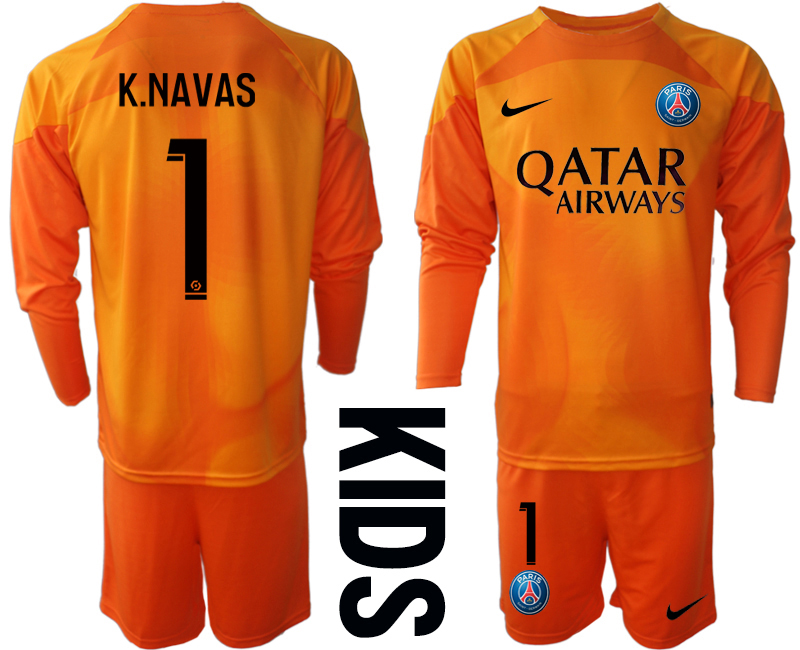 Youth 2022-2023 Paris Saint-Germain 1 K.NAVAS Orange goalkeeper long sleeve kids jerseys Suit