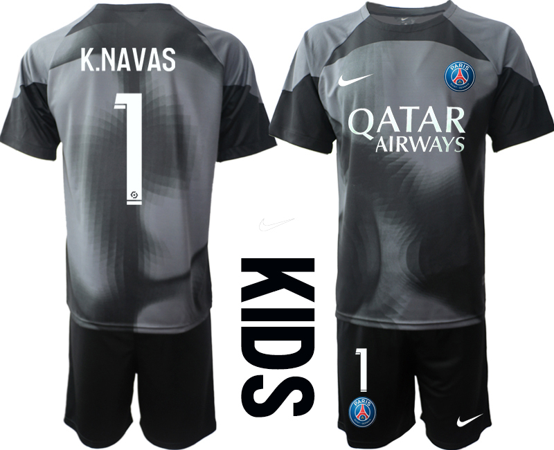 Youth 2022-2023 Paris Saint-Germain 1 K.NAVAS black kids goalkeeper jerseys Suit