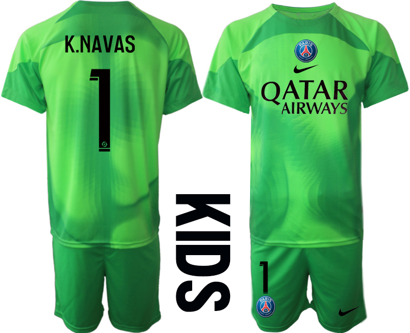 Youth 2022-2023 Paris Saint-Germain 1 K.NAVAS green goalkeeper kids jerseys Suit