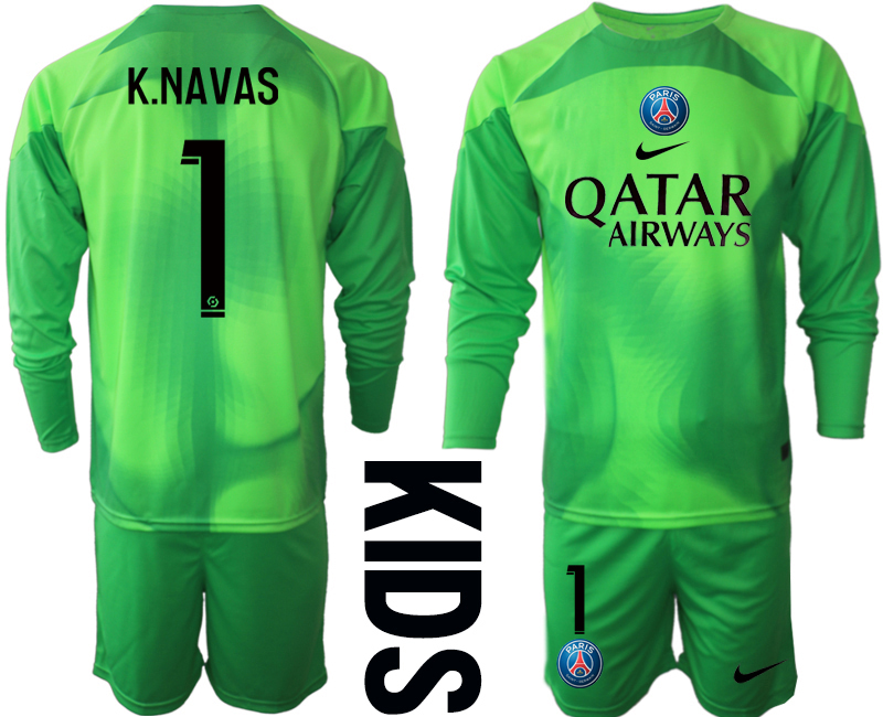 Youth 2022-2023 Paris Saint-Germain 1 K.NAVAS green goalkeeper long sleeve kids jerseys Suit