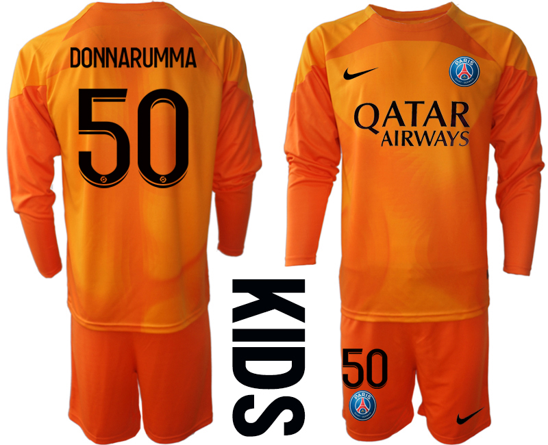 Youth 2022-2023 Paris Saint-Germain 50 DONNARUMMA Orange goalkeeper long sleeve kids jerseys Suit