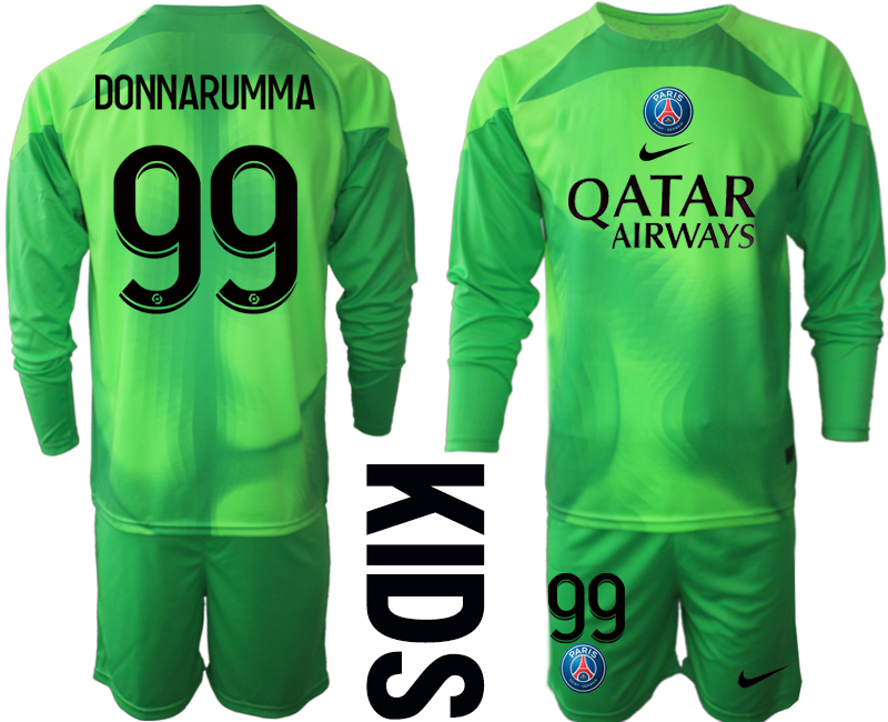 Youth 2022-2023 Paris Saint-Germain 99 DONNARUMMA green goalkeeper long sleeve kids jerseys Suit