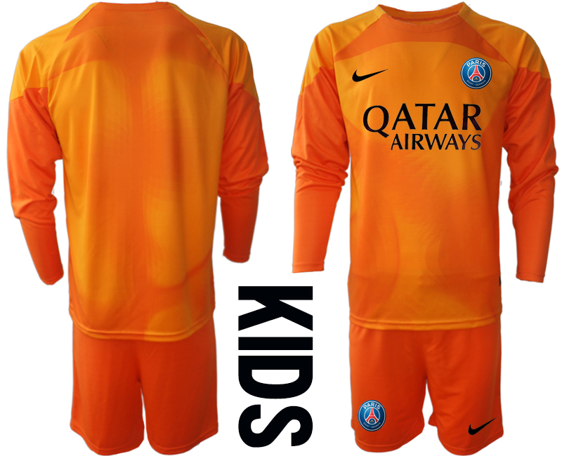 Youth 2022-2023 Paris Saint-Germain Blank Orange goalkeeper long sleeve kids jerseys Suit