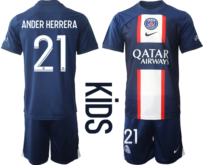 Youth 2022-2023 Paris St Germain 21 ANDER HERRERA home kids jerseys Suit