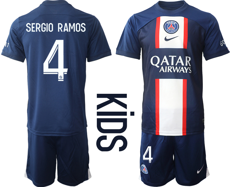 Youth 2022-2023 Paris St Germain 4 SERGIO RAMOS home kids jerseys Suit