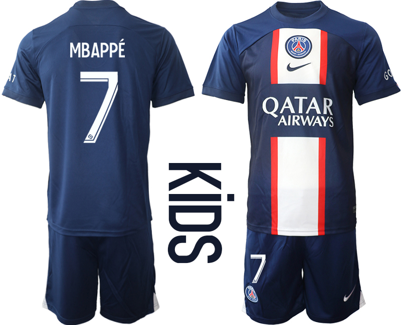 Youth 2022-2023 Paris St Germain 7 MBAPPE home kids jerseys Suit