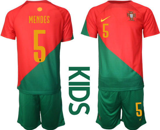 Youth 2022-2023 Portugal 5 MENDES home kids jerseys Suit