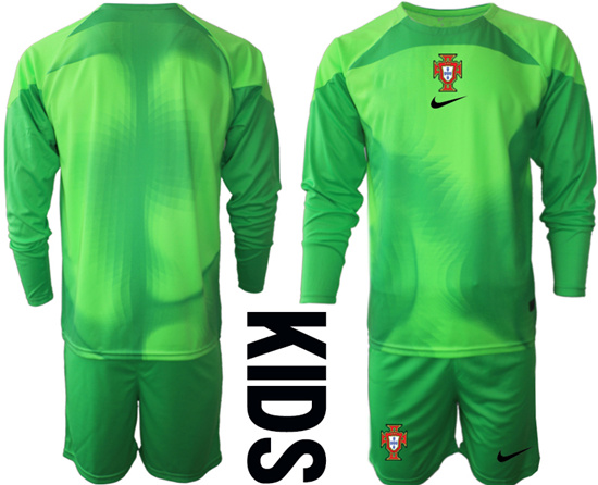 Youth 2022-2023 Portugal Blank green goalkeeper long sleeve kids jerseys Suit