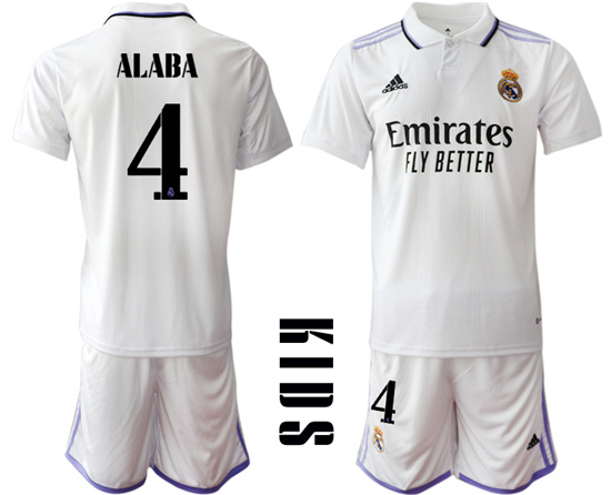 Youth 2022-2023 Real Madrid 4 ALABA home kids jerseys Suit