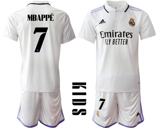 Youth 2022-2023 Real Madrid 7 MBAPPE home kids jerseys Suit
