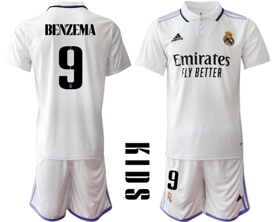 Youth 2022-2023 Real Madrid 9 BENZEMA home kids jerseys Suit
