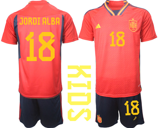 Youth 2022-2023 Spain 18 JORDI ALBA home kids jerseys Suit