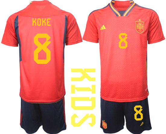Youth 2022-2023 Spain 8 KOKE home kids jerseys Suit