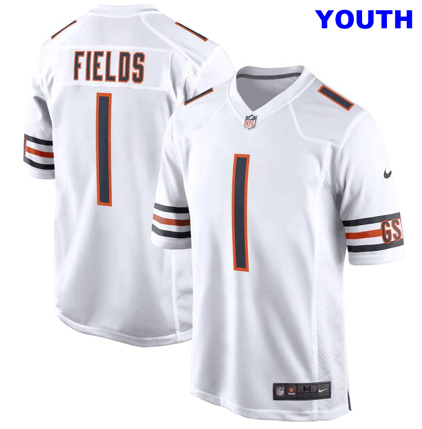Youth's Chicago Bears #1 Justin Fields white 2021 NFL Draft First Round Pick Game nike Jersey