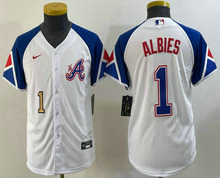 Youth Atlanta Braves #1 Ozzie Albies Number White 2023 City Connect Cool Base Stitched Jersey