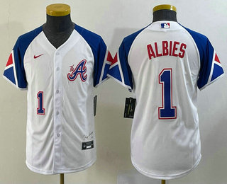 Youth Atlanta Braves #1 Ozzie Albies Number White 2023 City Connect Cool Base Stitched Jersey1