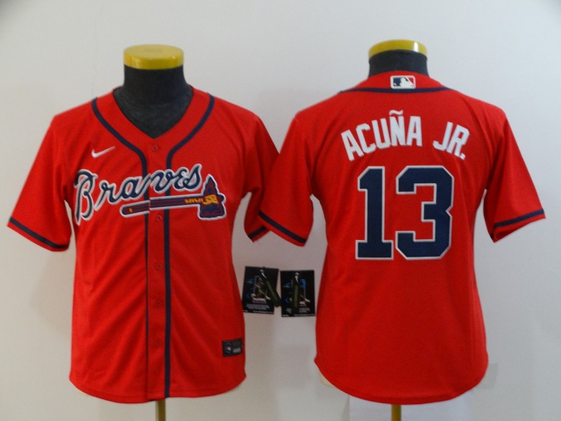Youth Atlanta Braves #13 Ronald Acuna Jr. Red Stitched MLB Cool Base Nike Jersey