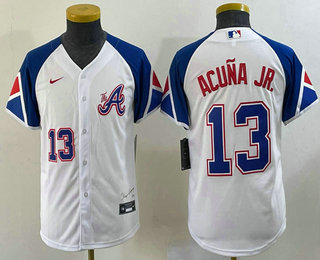 Youth Atlanta Braves #13 Ronald Acuna Jr Number White 2023 City Connect Cool Base Stitched Jersey2