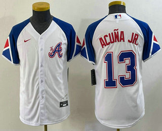 Youth Atlanta Braves #13 Ronald Acuna Jr White 2023 City Connect Cool Base Stitched Jersey