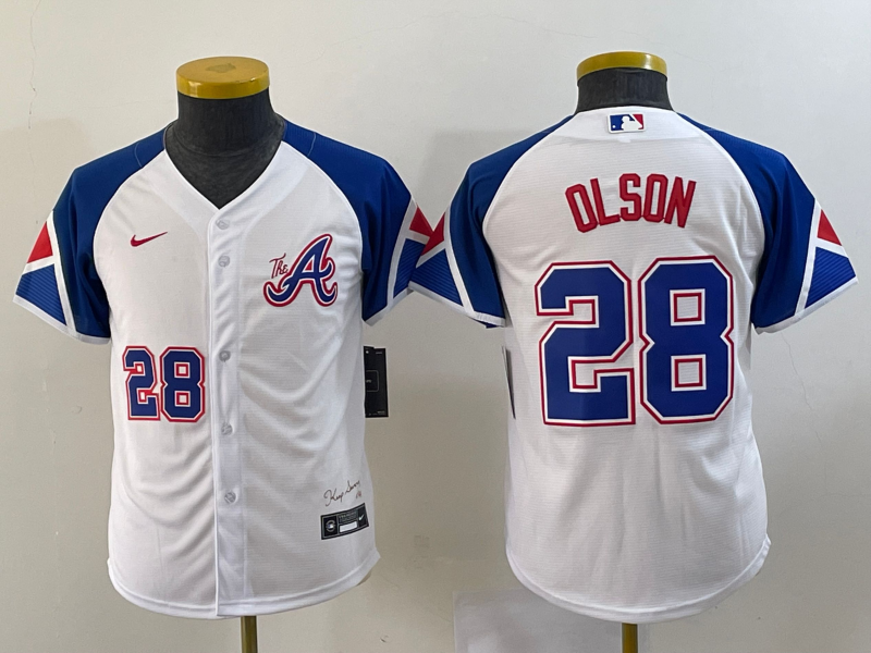 Youth Atlanta Braves #28 Matt Olson Number White 2023 City Connect Cool Base Stitched Jersey1