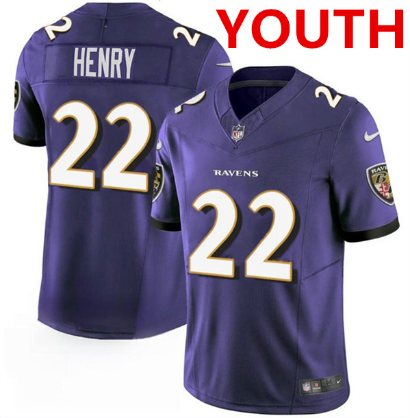 Youth Baltimore Ravens #22 Derrick Henry Purple 2023 F.U.S.E. Football Stitched Jersey