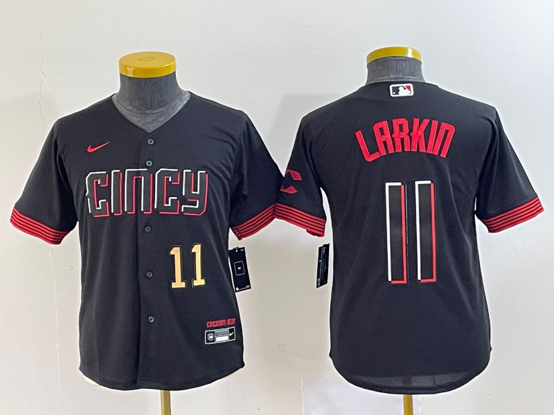 Youth Cincinnati Reds #11 Barry Larkin Number Black 2023 City Connect Cool Base Stitched Jersey