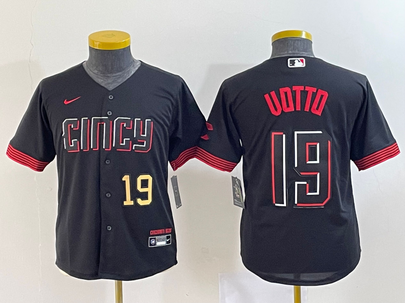 Youth Cincinnati Reds #19 Joey Votto Number Black 2023 City Connect Cool Base Stitched Jersey2