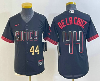 Youth Cincinnati Reds #44 Elly De La Cruz Number Black 2023 City Connect Cool Base Stitched Jersey 1