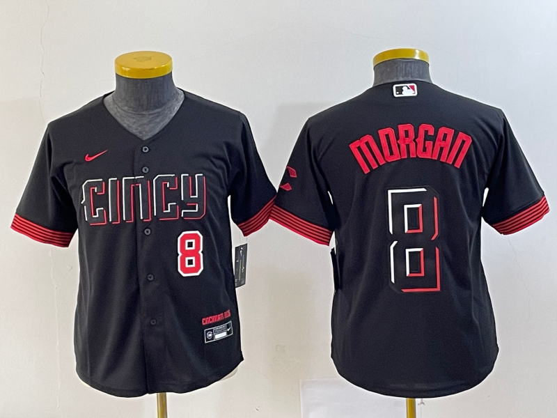 Youth Cincinnati Reds #8 Joe Morgan Number Black 2023 City Connect Cool Base Stitched Jersey