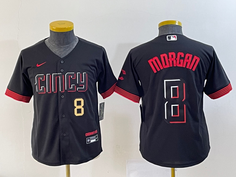 Youth Cincinnati Reds #8 Joe Morgan Number Black 2023 City Connect Cool Base Stitched Jersey 1