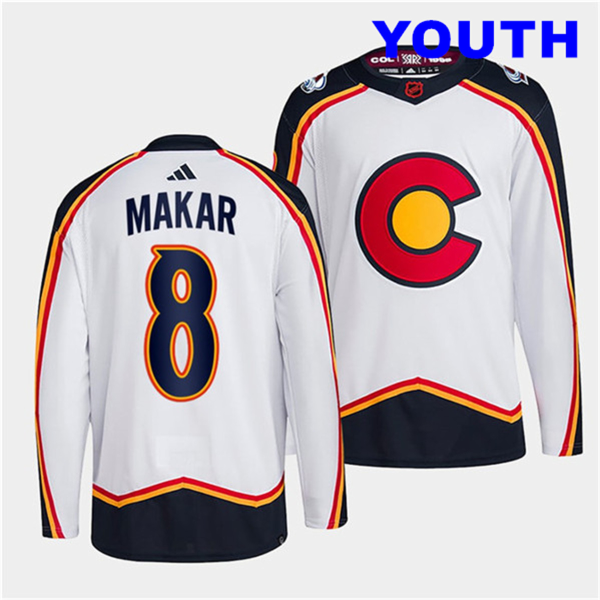 Youth Colorado Avalanche #8 Cale Makar White 2022-23 Reverse Retro Stitched Jersey