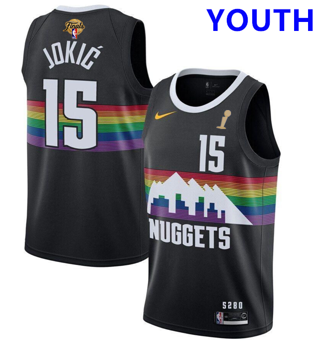 Youth Denver Nuggets #15 Nikola Jokic Black 2023 Finals Champions City Edition Basketball Jersey