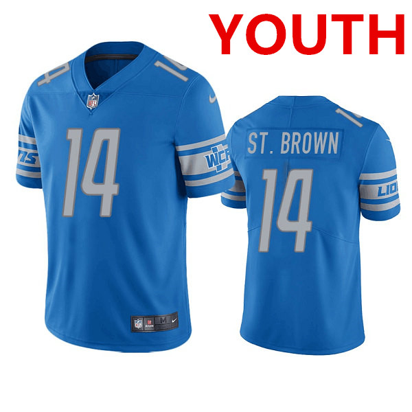 Youth Detroit Lions #14 mon-Ra St. Brown Blue Vapor Untouchable Limited Stitched Jersey