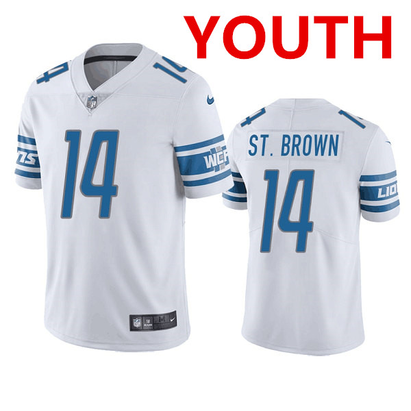 Youth Detroit Lions #14 mon-Ra St. Brown White Vapor Untouchable Limited Stitched Jersey