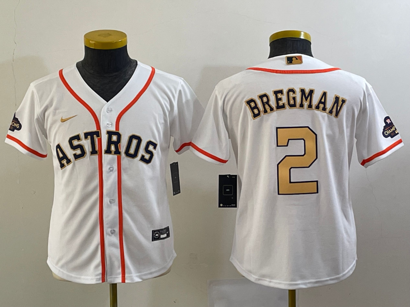 Youth Houston Astros #2 Alex Bregman 2023 White Gold World Serise Champions Patch Cool Base Stitched Jersey