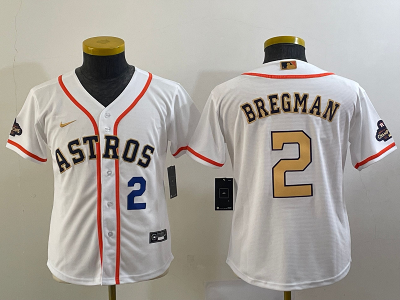 Youth Houston Astros #2 Alex Bregman Number 2023 White Gold World Serise Champions Patch Cool Base Stitched Jersey1