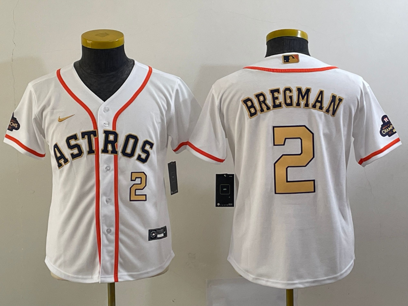Youth Houston Astros #2 Alex Bregman Number 2023 White Gold World Serise Champions Patch Cool Base Stitched Jerseys