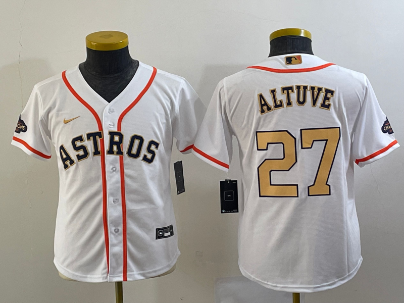 Youth Houston Astros #27 Jose Altuve 2023 White Gold World Serise Champions Patch Cool Base Stitched Jersey