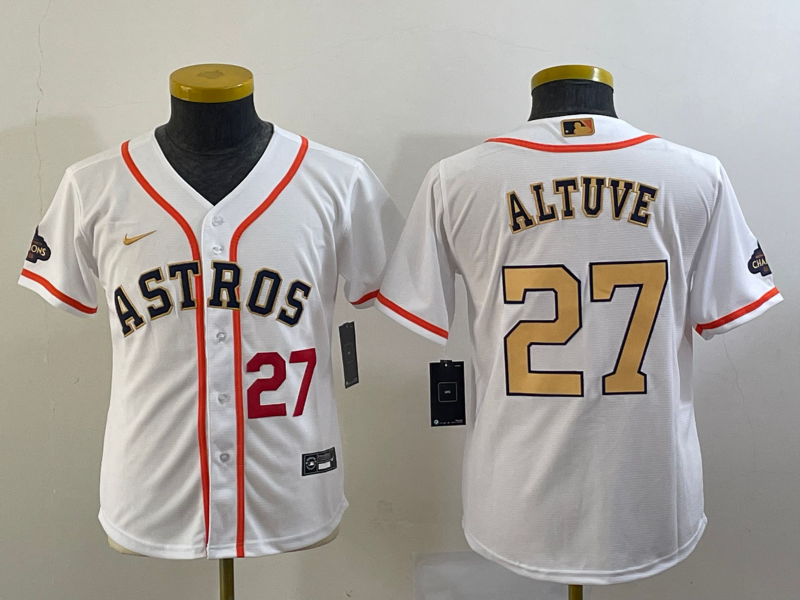 Youth Houston Astros #27 Jose Altuve Number 2023 White Gold World Serise Champions Patch Cool Base Stitched Jersey