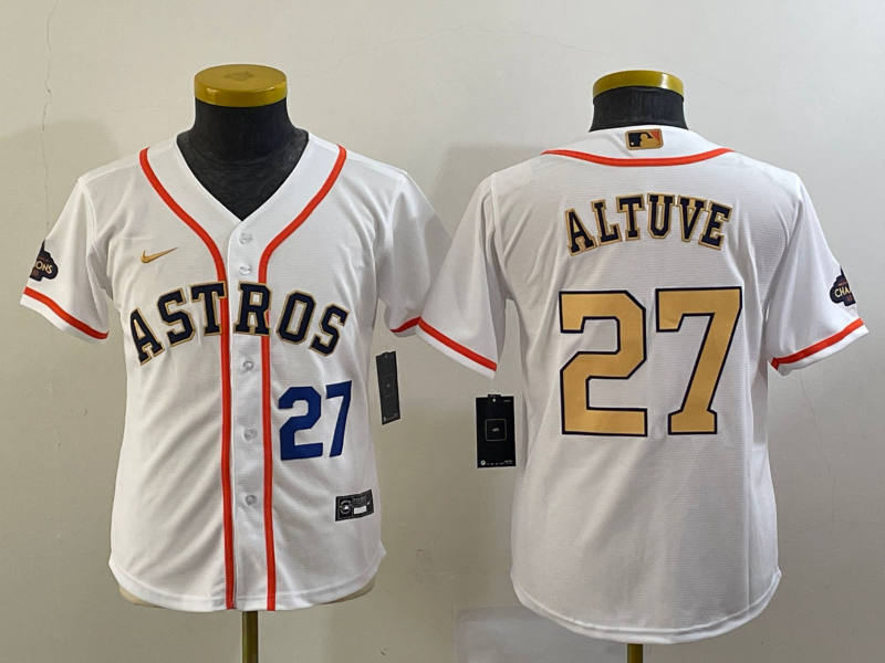 Youth Houston Astros #27 Jose Altuve Number 2023 White Gold World Serise Champions Patch Cool Base Stitched Jersey1