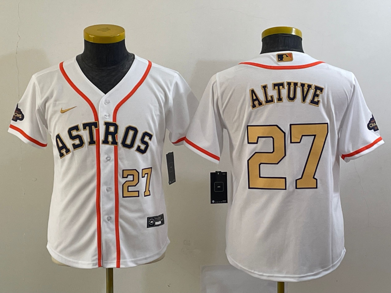 Youth Houston Astros #27 Jose Altuve Number 2023 White Gold World Serise Champions Patch Cool Base Stitched Jerseys