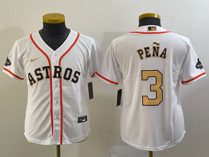 Youth Houston Astros #3 Jeremy Pena 2023 White Gold World Serise Champions Patch Cool Base Stitched Jersey