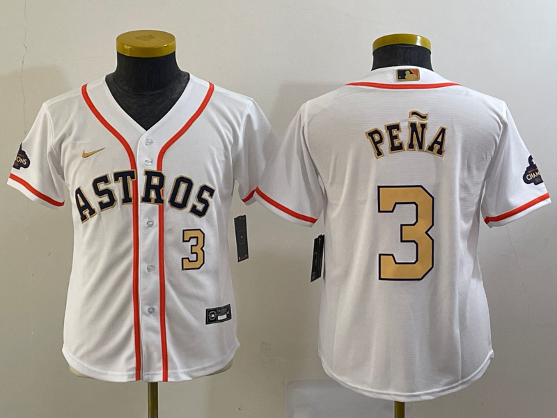 Youth Houston Astros #3 Jeremy Pena Number 2023 White Gold World Serise Champions Patch Cool Base Stitched Jersey